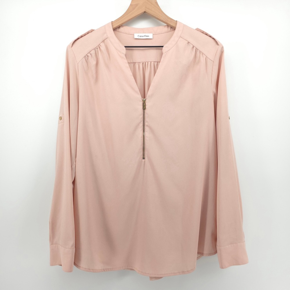 Calvin Klein Womens Blouse M Blush Pink Zip Front Roll Tab Sleeve Top‎